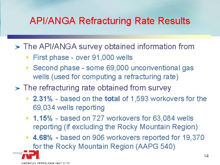 API/ANGA Refracturing Rate Results The API/ANGA survey obtained information from • First phase -