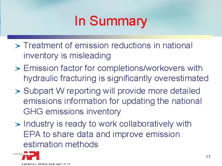 In Summary Treatment of emission reductions in national inventory is misleading Emission factor for