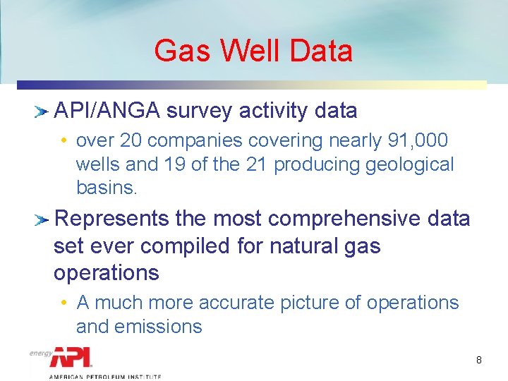 Gas Well Data API/ANGA survey activity data • over 20 companies covering nearly 91,