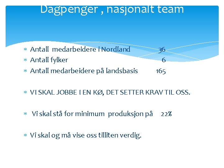 Dagpenger , nasjonalt team Antall medarbeidere i Nordland Antall fylker Antall medarbeidere på landsbasis