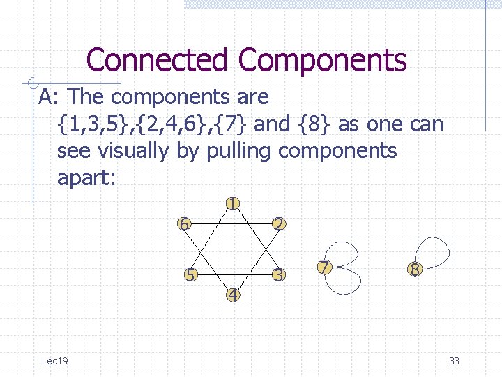 Connected Components A: The components are {1, 3, 5}, {2, 4, 6}, {7} and Connected Components A: The components are {1, 3, 5}, {2, 4, 6}, {7} and