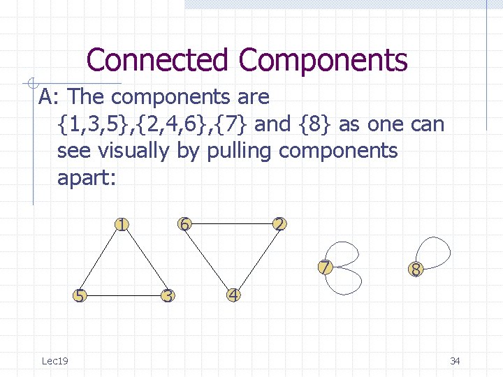Connected Components A: The components are {1, 3, 5}, {2, 4, 6}, {7} and Connected Components A: The components are {1, 3, 5}, {2, 4, 6}, {7} and