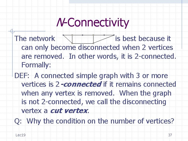 N-Connectivity The network is best because it can only become disconnected when 2 vertices N-Connectivity The network is best because it can only become disconnected when 2 vertices