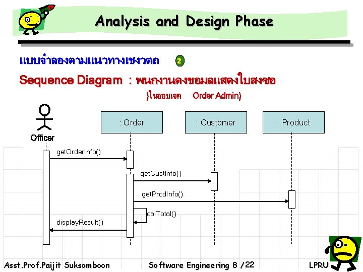 Analysis and Design Phase แบบจำลองตามแนวทางเชงวตถ 2 Sequence Diagram : พนกงานดงขอมลแสดงใบสงซอ )ในออบเจค : Order Admin)