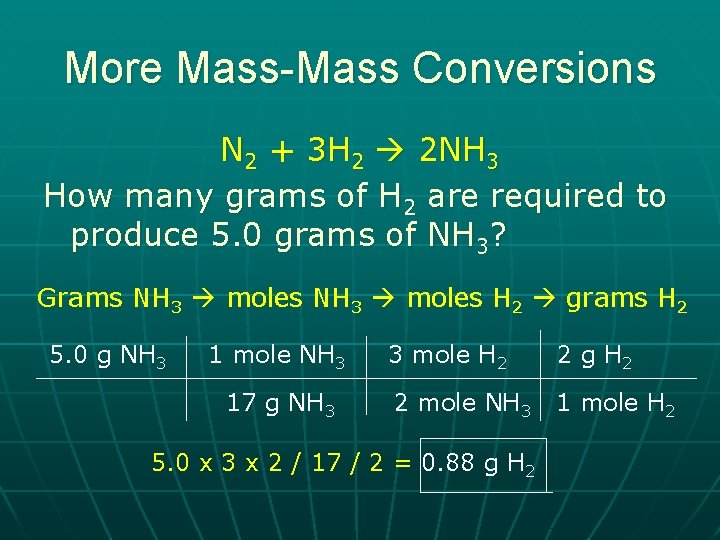 More Mass-Mass Conversions N 2 + 3 H 2 2 NH 3 How many