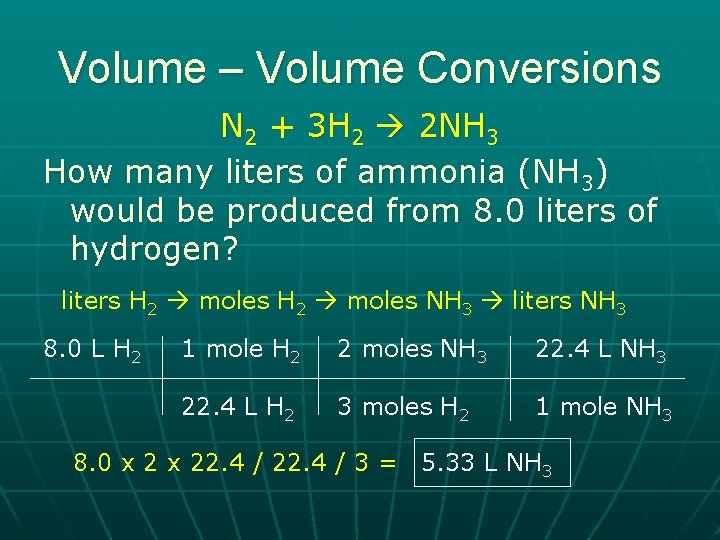 Volume – Volume Conversions N 2 + 3 H 2 2 NH 3 How