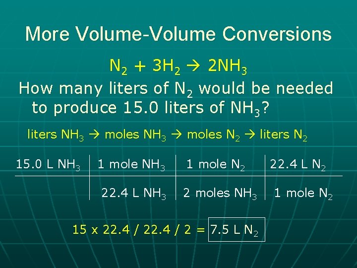 More Volume-Volume Conversions N 2 + 3 H 2 2 NH 3 How many