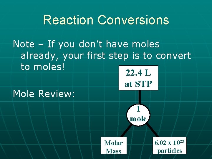 Reaction Conversions Note – If you don’t have moles already, your first step is