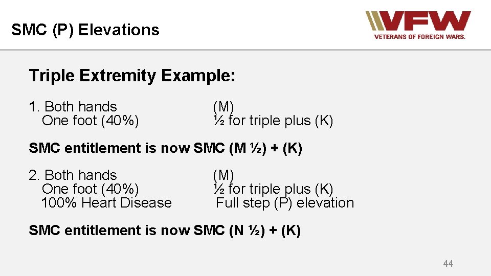 SMC (P) Elevations Triple Extremity Example: 1. Both hands One foot (40%) (M) ½