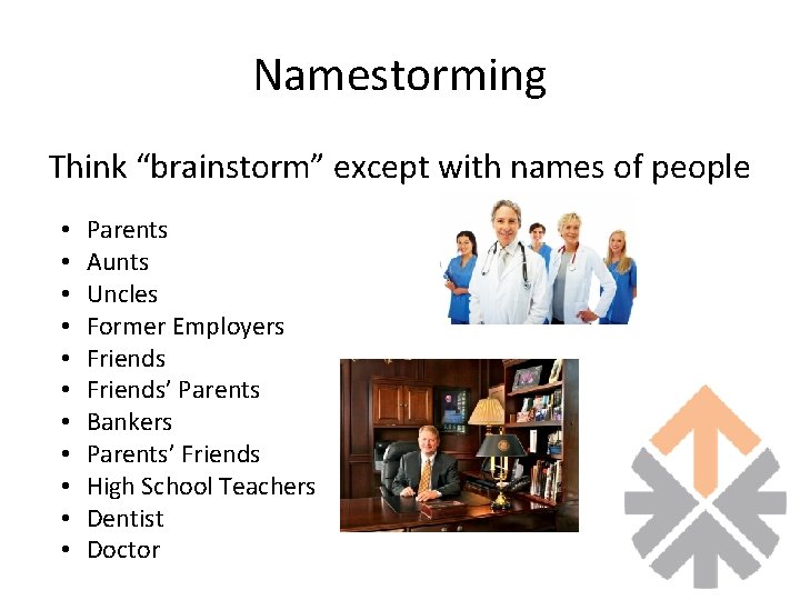 Namestorming Think “brainstorm” except with names of people • • • Parents Aunts Uncles Namestorming Think “brainstorm” except with names of people • • • Parents Aunts Uncles