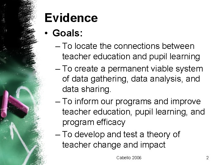 Evidence • Goals: – To locate the connections between teacher education and pupil learning
