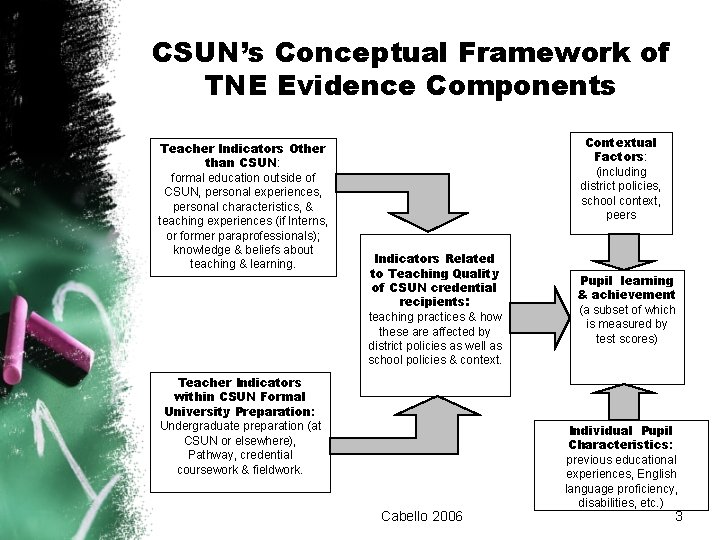 CSUN’s Conceptual Framework of TNE Evidence Components Teacher Indicators Other than CSUN: formal education