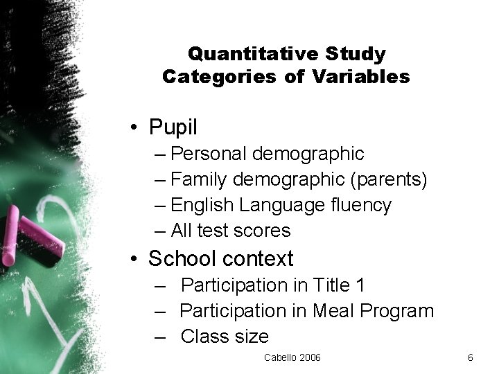 Quantitative Study Categories of Variables • Pupil – Personal demographic – Family demographic (parents)