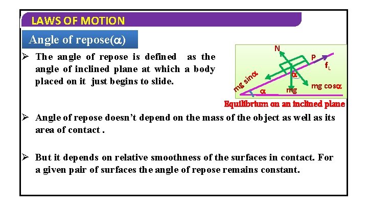 LAWS OF MOTION Angle of repose( ) Ø The angle of repose is defined