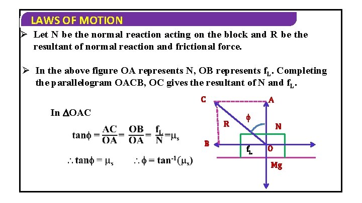 LAWS OF MOTION Ø Let N be the normal reaction acting on the block