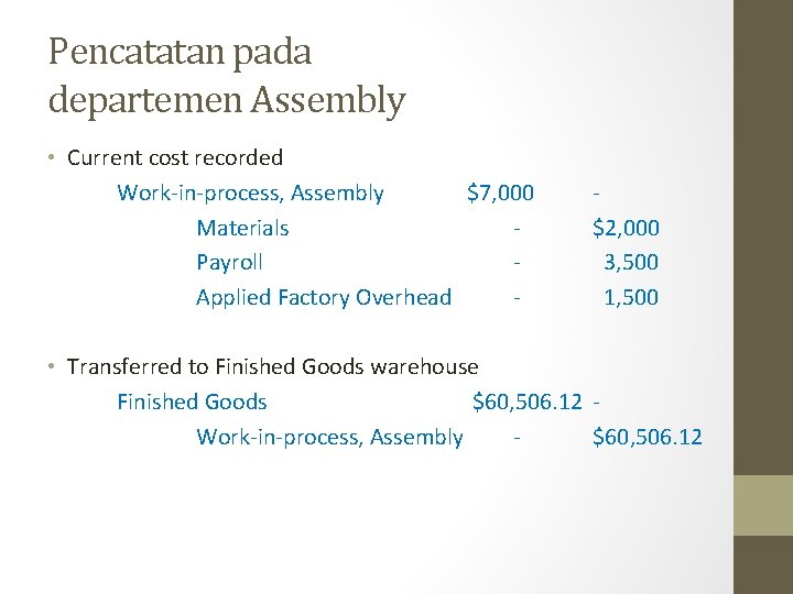 Pencatatan pada departemen Assembly • Current cost recorded Work-in-process, Assembly $7, 000 Materials Payroll