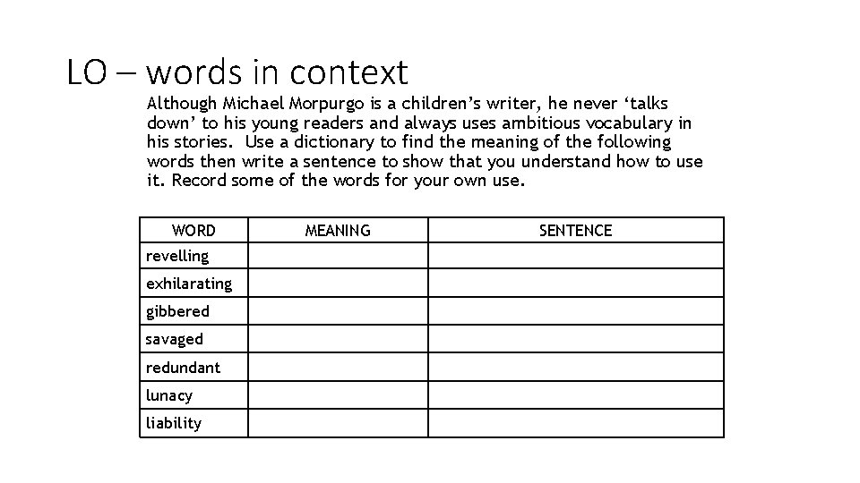 LO – words in context Although Michael Morpurgo is a children’s writer, he never