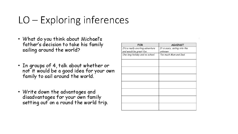 LO – Exploring inferences • What do you think about Michael’s father’s decision to