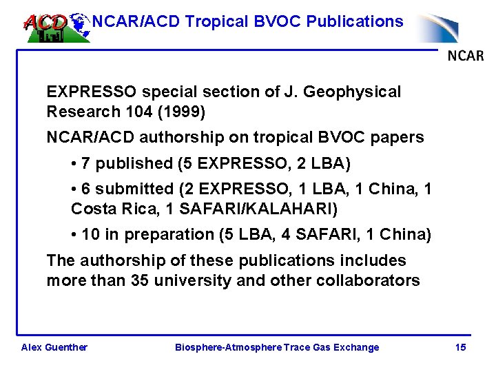 NCAR/ACD Tropical BVOC Publications EXPRESSO special section of J. Geophysical Research 104 (1999) NCAR/ACD