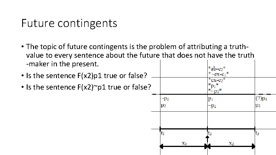 Future contingents • The topic of future contingents is the problem of attributing a