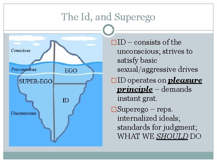 The Id, and Superego �ID – consists of the unconscious; strives to satisfy basic