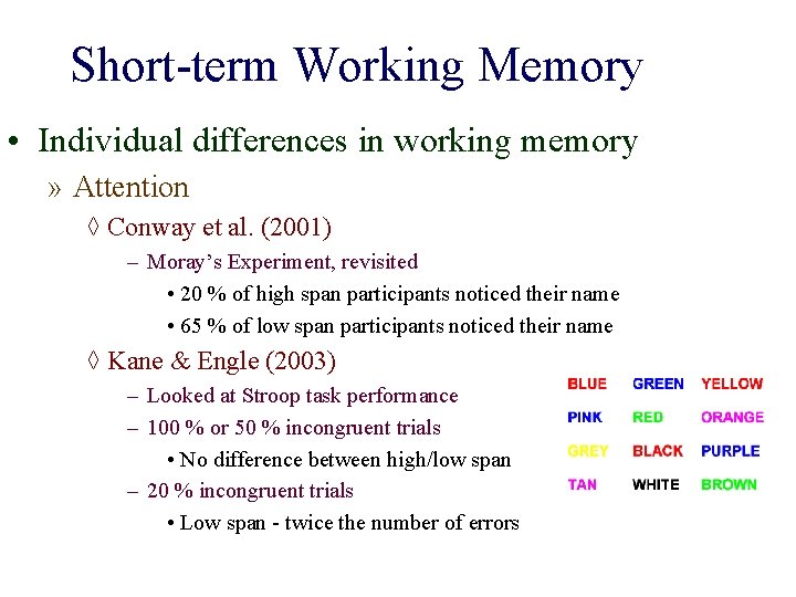 Short-term Working Memory • Individual differences in working memory » Attention ◊ Conway et