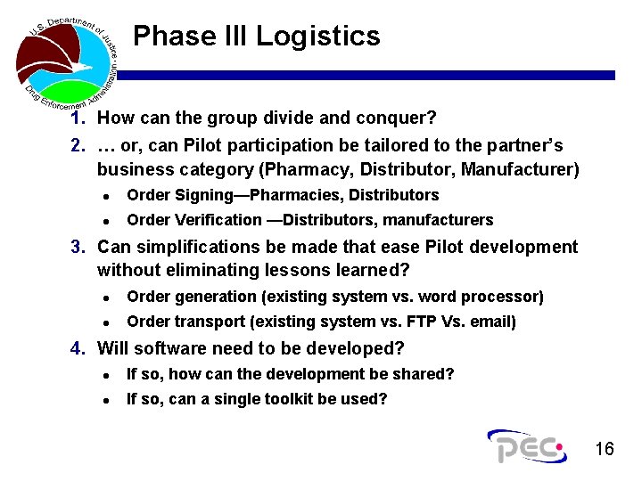 Phase III Logistics 1. How can the group divide and conquer? 2. … or,