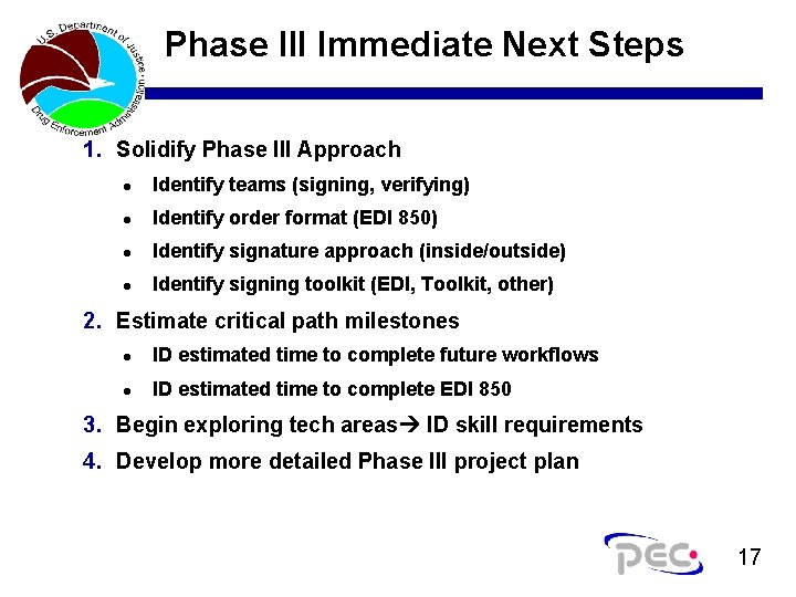 Phase III Immediate Next Steps 1. Solidify Phase III Approach l Identify teams (signing,