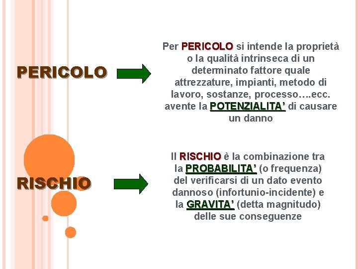 PERICOLO RISCHIO Per PERICOLO si intende la proprietà o la qualità intrinseca di un