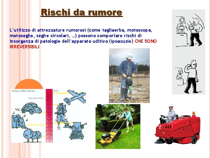 Rischi da rumore L’utilizzo di attrezzature rumorosi (come tagliaerba, motoscopa, motoseghe, seghe circolari, …)