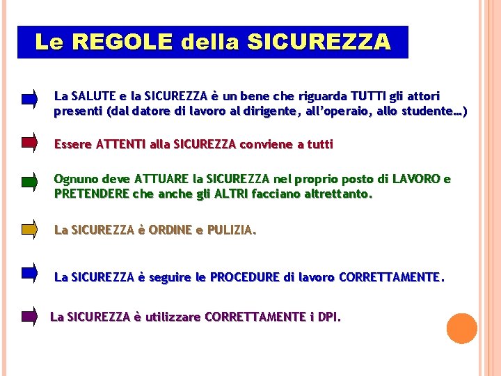 Le REGOLE della SICUREZZA La SALUTE e la SICUREZZA è un bene che riguarda