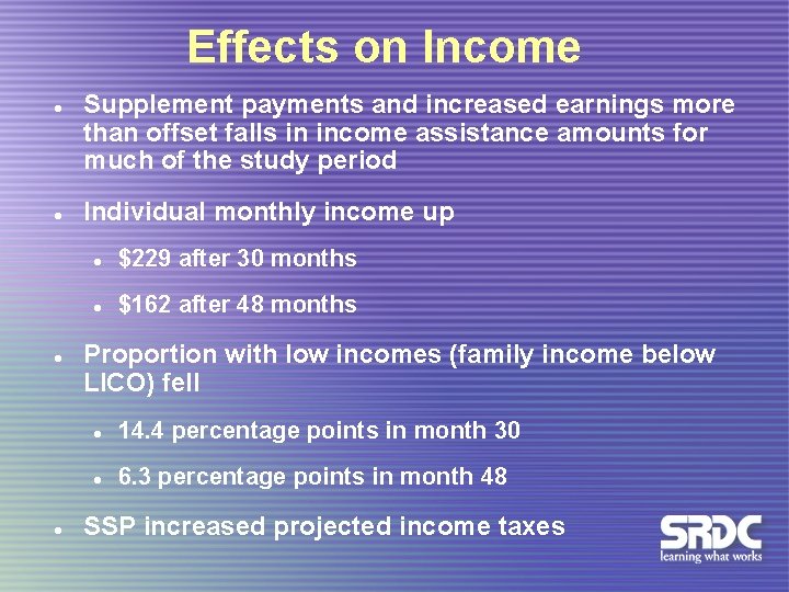 Effects on Income l l Supplement payments and increased earnings more than offset falls
