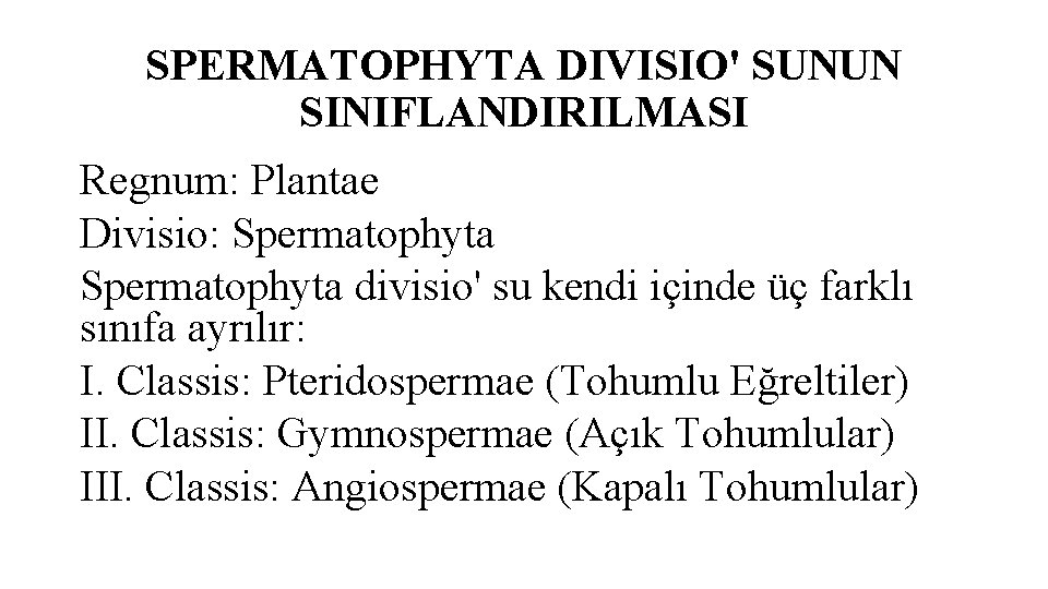 SPERMATOPHYTA DIVISIO' SUNUN SINIFLANDIRILMASI Regnum: Plantae Divisio: Spermatophyta divisio' su kendi içinde üç farklı