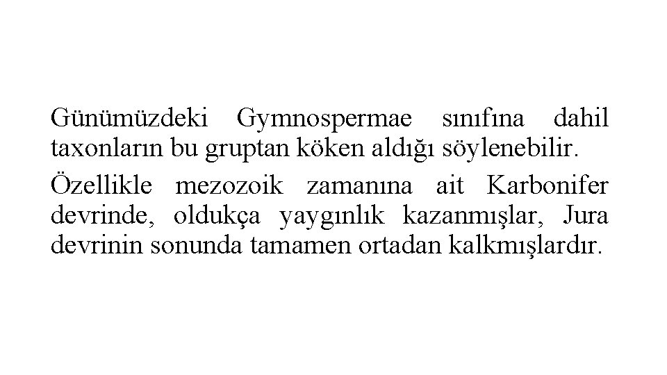 Günümüzdeki Gymnospermae sınıfına dahil taxonların bu gruptan köken aldığı söylenebilir. Özellikle mezozoik zamanına ait