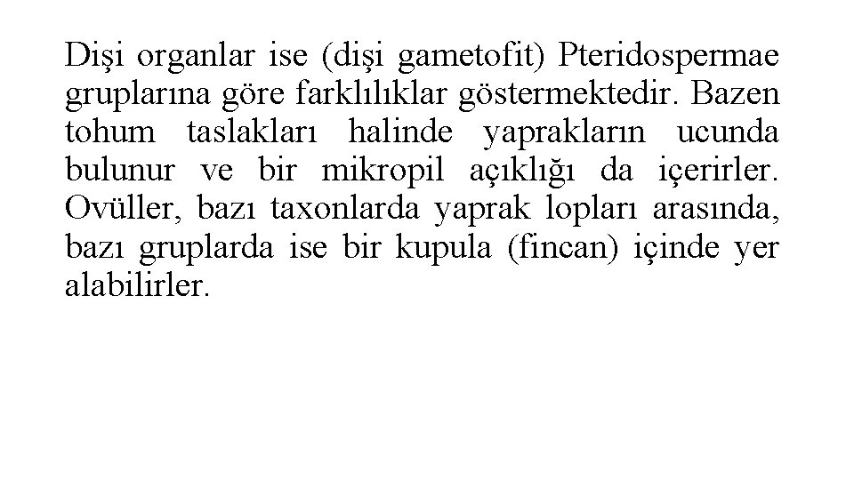 Dişi organlar ise (dişi gametofit) Pteridospermae gruplarına göre farklılıklar göstermektedir. Bazen tohum taslakları halinde