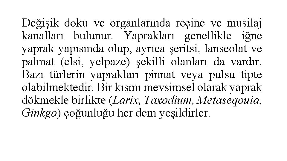 Değişik doku ve organlarında reçine ve musilaj kanalları bulunur. Yaprakları genellikle iğne yaprak yapısında