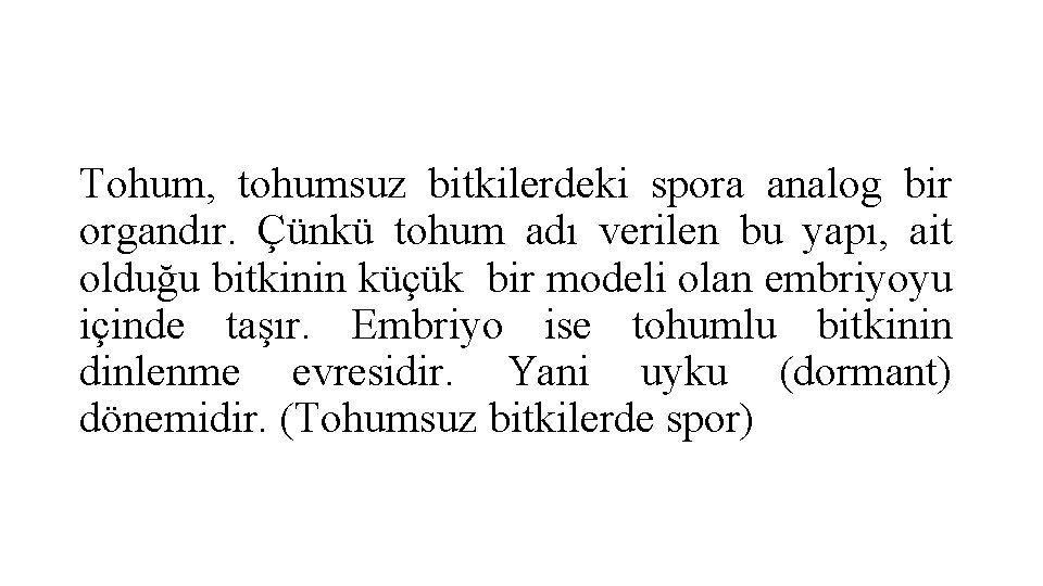 Tohum, tohumsuz bitkilerdeki spora analog bir organdır. Çünkü tohum adı verilen bu yapı, ait