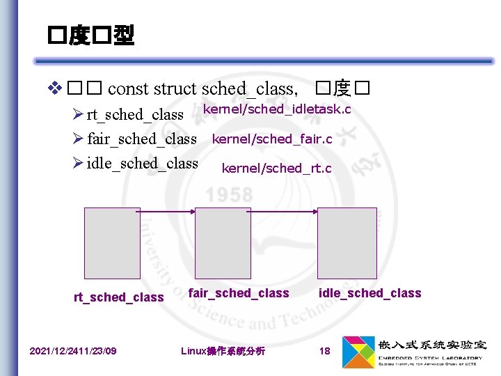 �度�型 �� const struct sched_class，�度� rt_sched_class kernel/sched_idletask. c fair_sched_class kernel/sched_fair. c idle_sched_class kernel/sched_rt. c