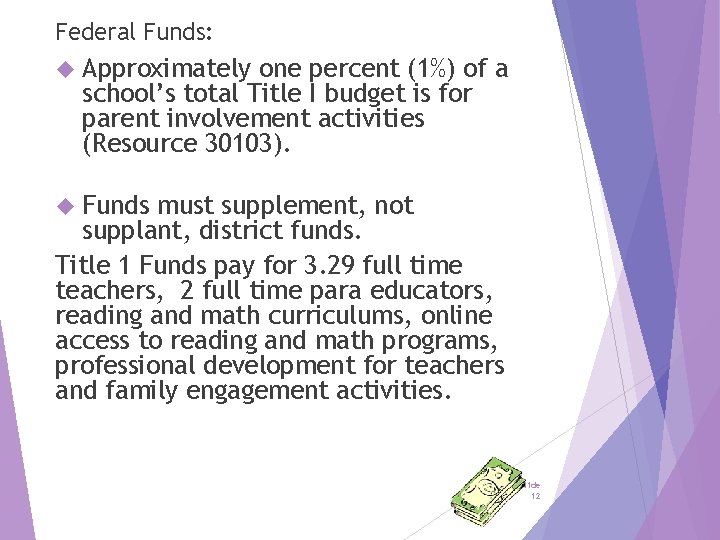 Federal Funds: Approximately one percent (1%) of a school’s total Title I budget is