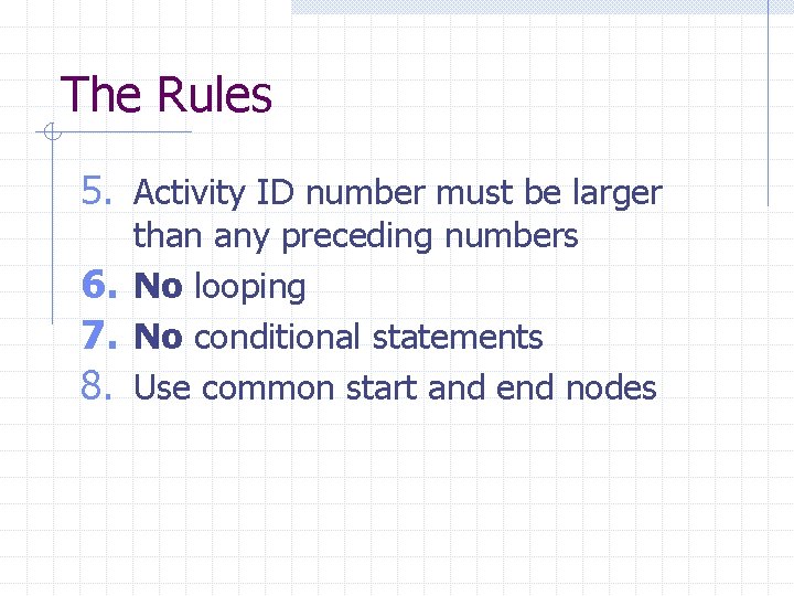 The Rules 5. Activity ID number must be larger than any preceding numbers 6.