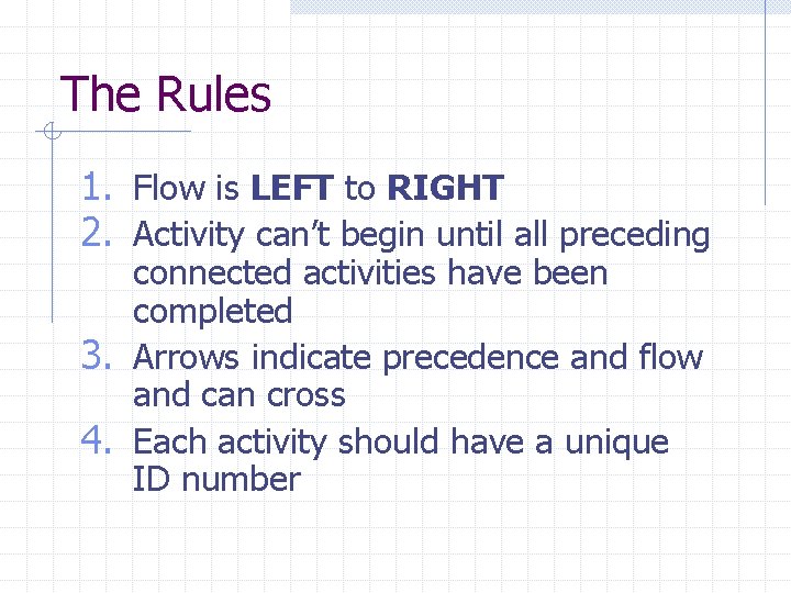 The Rules 1. Flow is LEFT to RIGHT 2. Activity can’t begin until all
