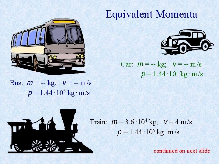 Equivalent Momenta Car: m = -- kg; v = -- m /s p =