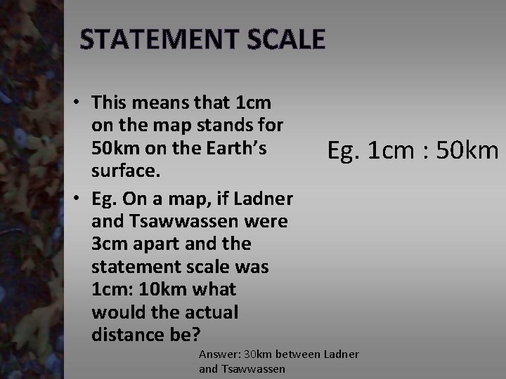 STATEMENT SCALE • This means that 1 cm on the map stands for 50