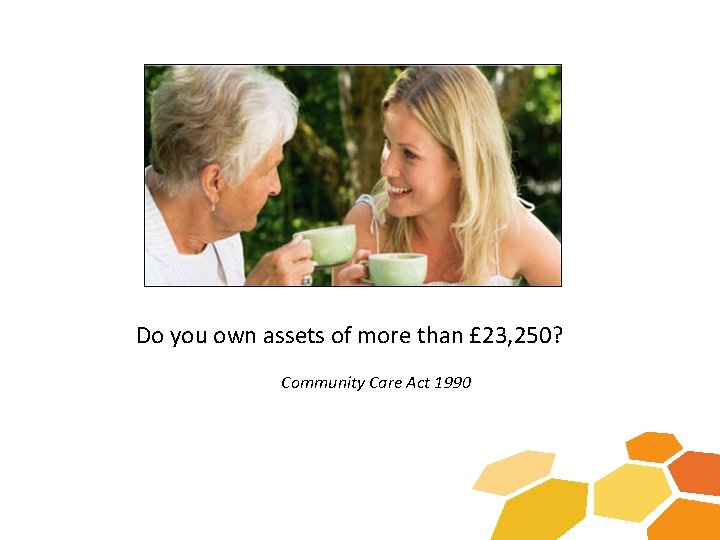 Do you own assets of more than £ 23, 250? Community Care Act 1990