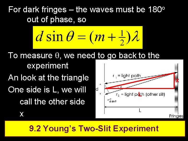 For dark fringes – the waves must be 180 o out of phase, so