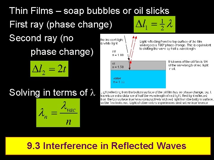 Thin Films – soap bubbles or oil slicks First ray (phase change) Second ray