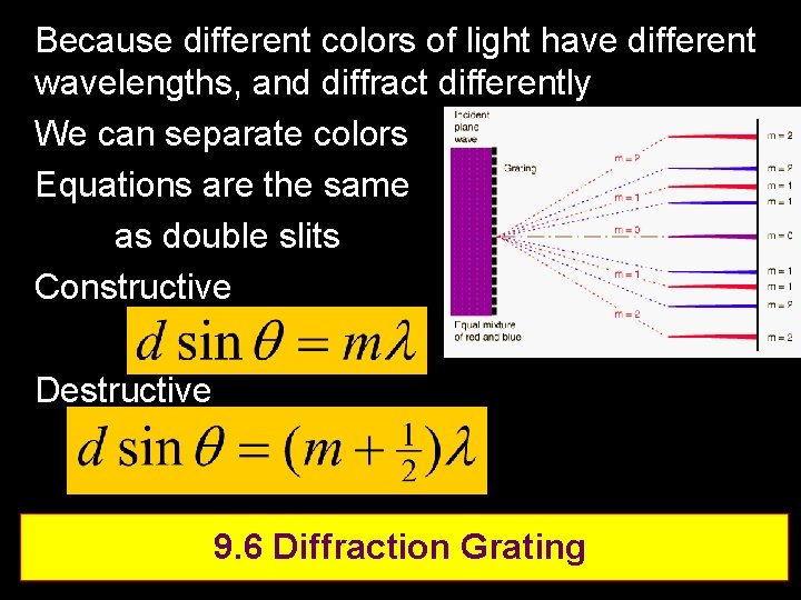 Because different colors of light have different wavelengths, and diffract differently We can separate