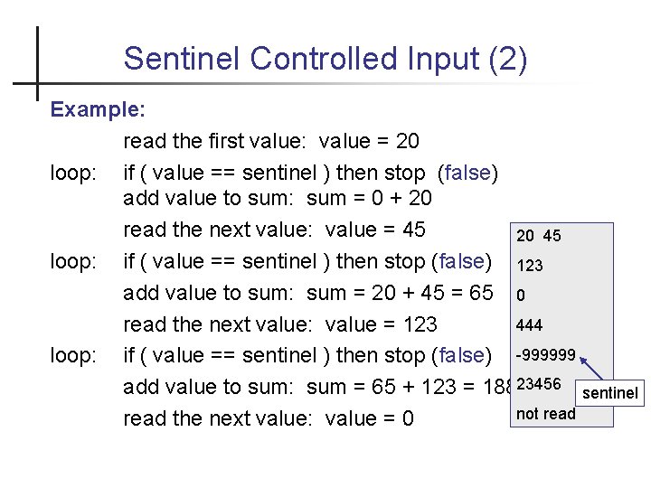 Sentinel Controlled Input (2) Example: read the first value: value = 20 loop: if