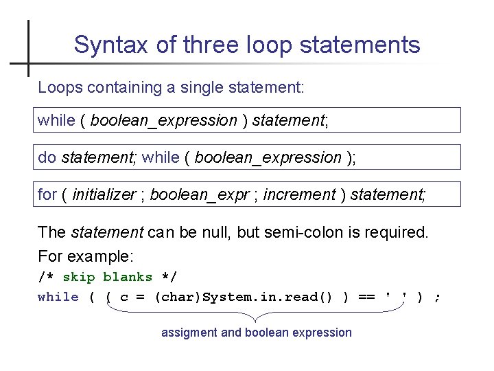 Syntax of three loop statements Loops containing a single statement: while ( boolean_expression )