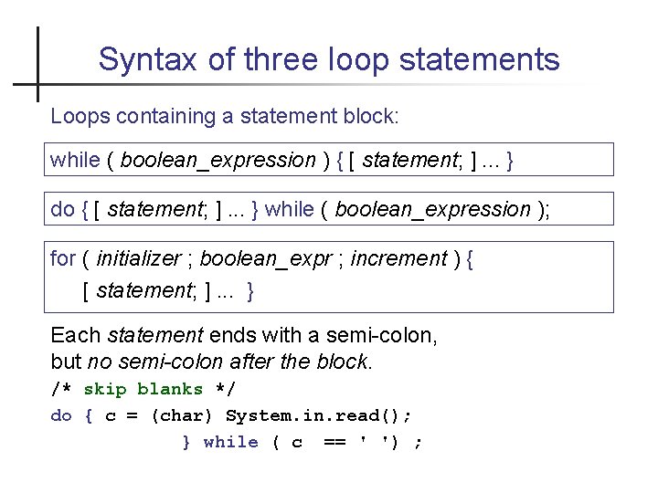 Syntax of three loop statements Loops containing a statement block: while ( boolean_expression )